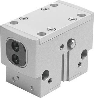Ein rechteckiger pneumatischer Zylinder aus Metall mit mehreren Schrauben und Anschlüssen, verwendet in Industrieanwendungen.