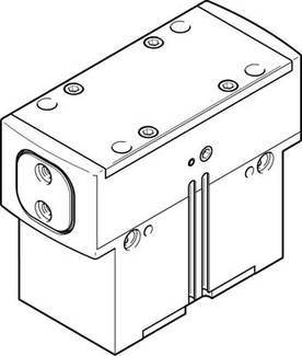 Isometrische Zeichnung eines mechanischen Bauteils mit rechteckigem Querschnitt und abgerundeten Ecken, Schrauben auf der Oberseite.