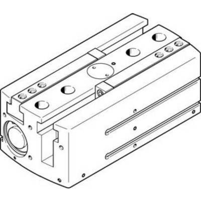 Technische Zeichnung eines mechanischen Bauteils, vermutlich ein pneumatischer Antrieb oder Ventil, mit mehreren Öffnungen und Montagepunkten.