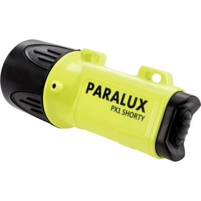 Gelbe, tragbare Taschenlampe mit der Aufschrift 'PARALUX PX1 SHORTY', schwarzer Kopf und Griff, kompaktes, robustes Design.