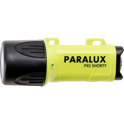 Gelbe Taschenlampe mit schwarzem Kopf, Aufschrift 'PARALUX PX1 SHORTY' an der Seite.