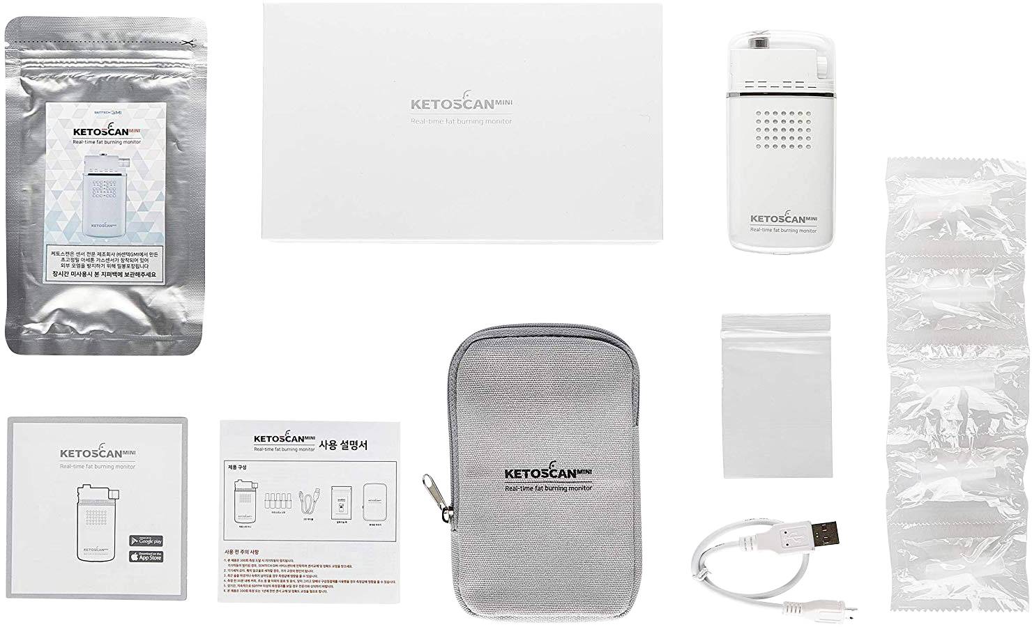 Ein tragbarer Keton-Analysator, Verpackung, Schutzhülle, USB-Kabel und Gebrauchsanweisung sind abgebildet. Gerät zur Ketose-Überprüfung.