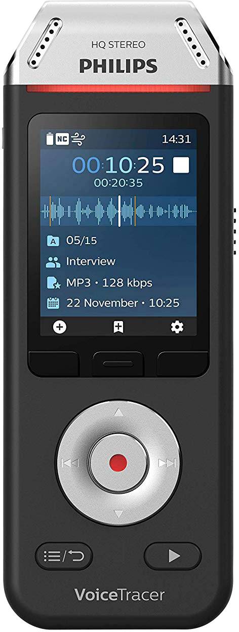 Ein digitaler Audiorecorder von Philips mit einem Display, das Aufnahmezeit, Dateiformat und Datum anzeigt.
