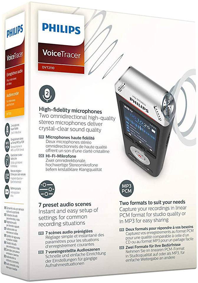 Verpackung eines Philips VoiceTracer Diktiergeräts mit hochqualitativen Mikrofonen für klare Aufnahmen, sieben Audiomodi und zwei Aufnahmeformaten.