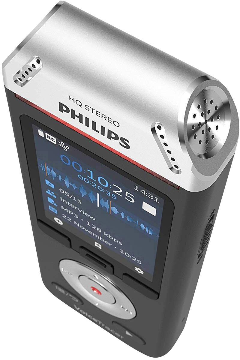 Digitaler Audiorecorder mit Display zeigt Aufnahmeinformationen 'Interview: 32 kbps, 02:25 Min., 22 November'.