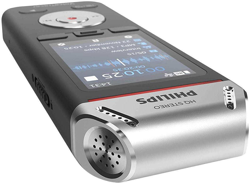 'Diktiergerät von Philips mit Mikrofon und digitalem Display zur Aufnahme- und Wiedergabesteuerung.'