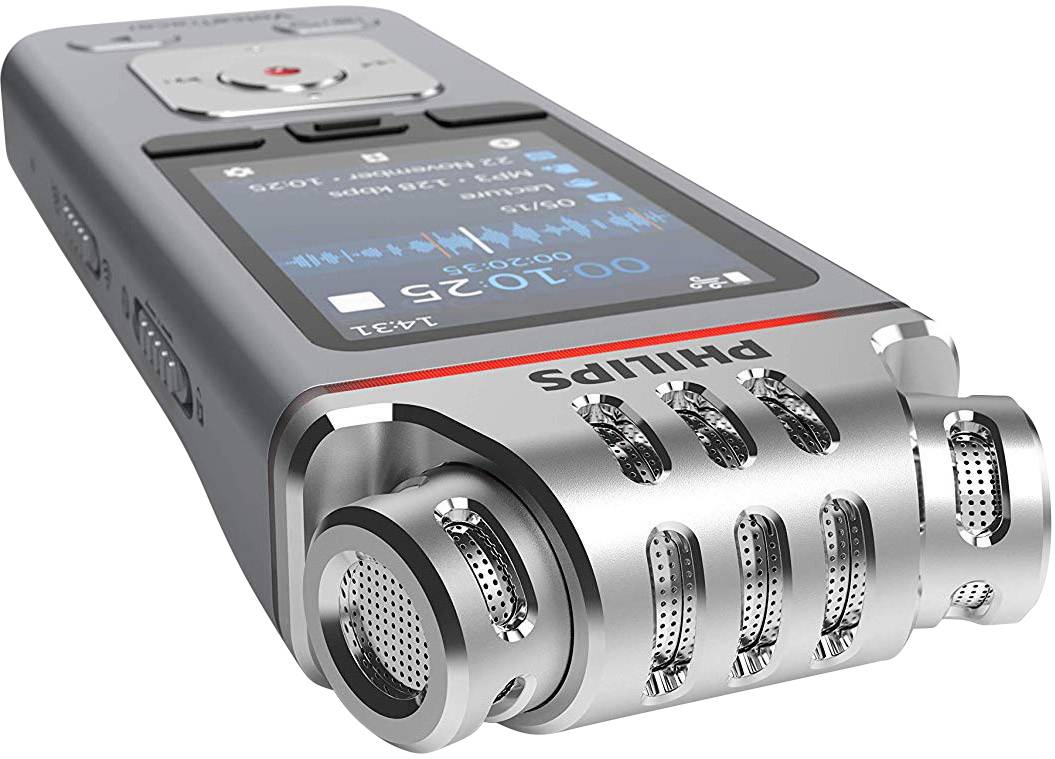 Ein silberner digitaler Audiorecorder mit Display zeigt eine Tonaufnahme. Das Markenlogo ist sichtbar. Gerätedesign ist modern.