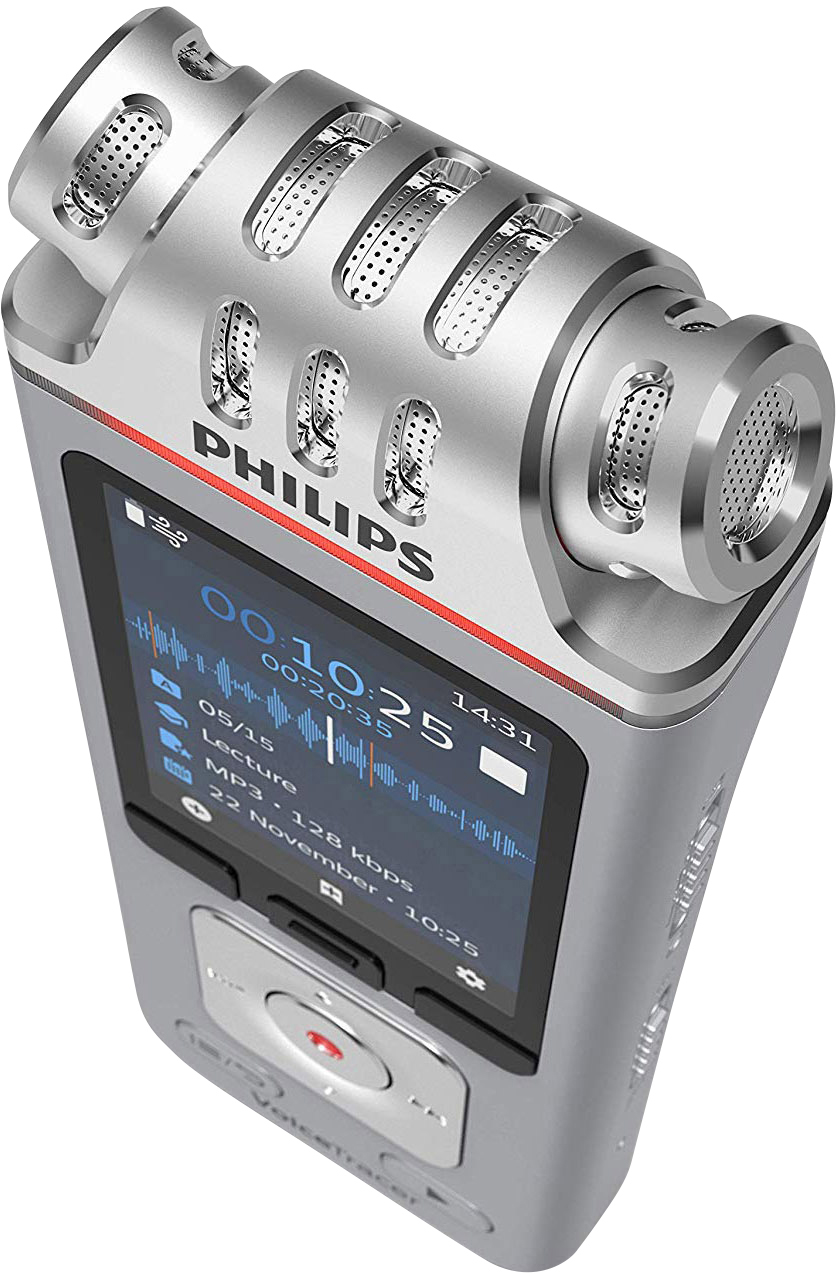 Philips Diktiergerät mit Display zeigt Aufnahmestatus, Uhrzeit und Mikrofoneinstellungen. Hochqualitative Aufnahmegeräte für Audioaufnahmen.