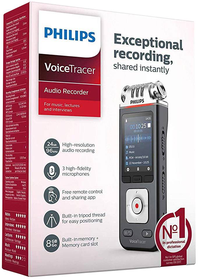 'Philips VoiceTracer Audio Recorder' Box: Hochauflösende Aufnahme, 3 Mikrofone, Fernbedienung, 8 GB Speicher, für Musik und Interviews geeignet.
