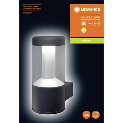 Moderne Außenleuchte, zylindrisch mit Glasabdeckung. Markennamen und Produktspezifikationen: 610 lm, 12W, 3000K, IP44. Geeignet für Außenbereich.
