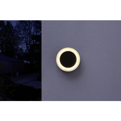 Runde, leuchtende Außenlampe an einer Wand, beleuchtet einen Bereich in der Dunkelheit. Umgebung zeigt Bäume und ein Haus im Hintergrund.