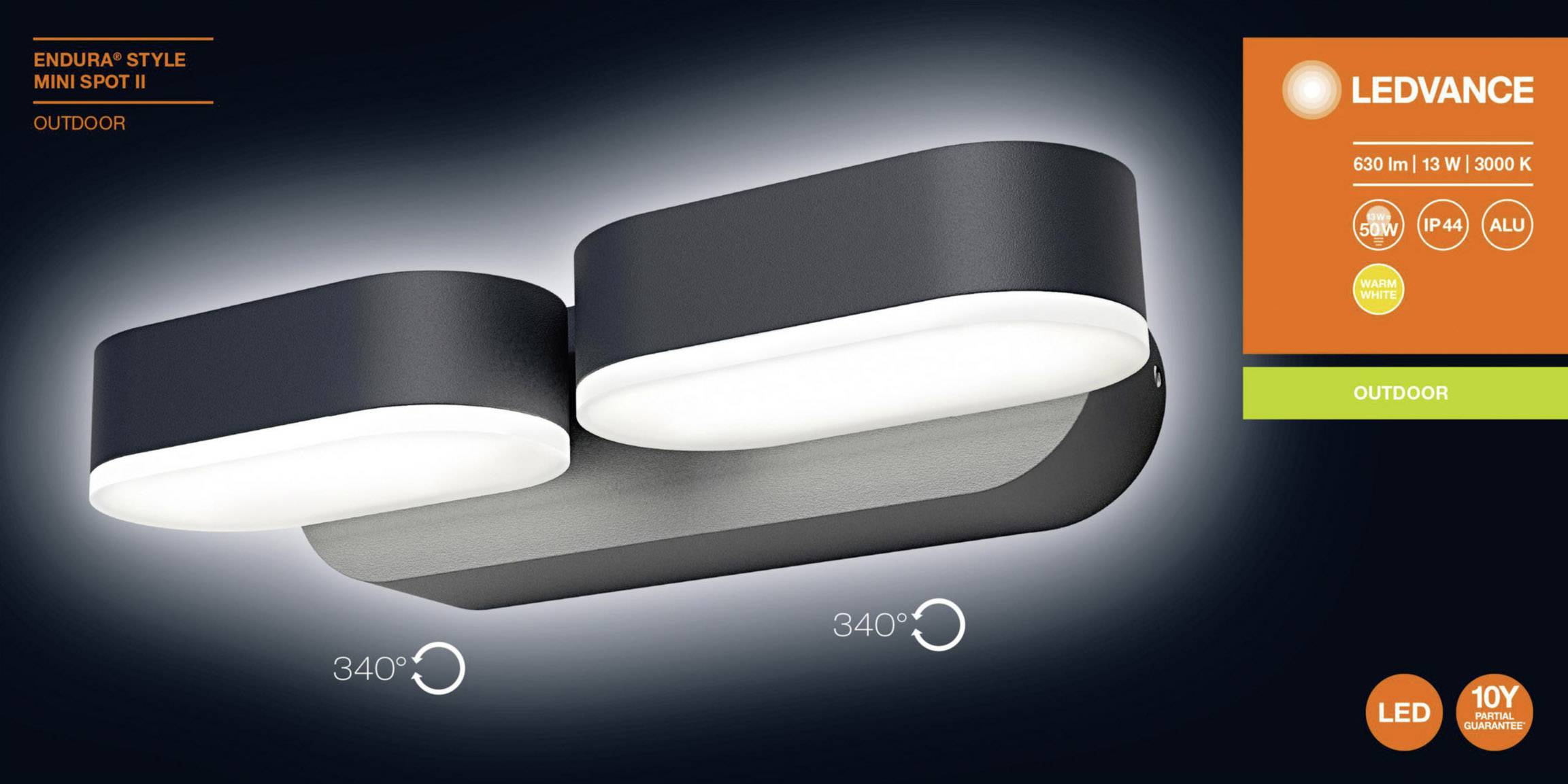 Außenwandleuchte 'LEDVANCE Endura Style Mini Spot', zwei verstellbare LED-Spots, IP44, warmweiß 3000K, 630 Lumen, 11W.