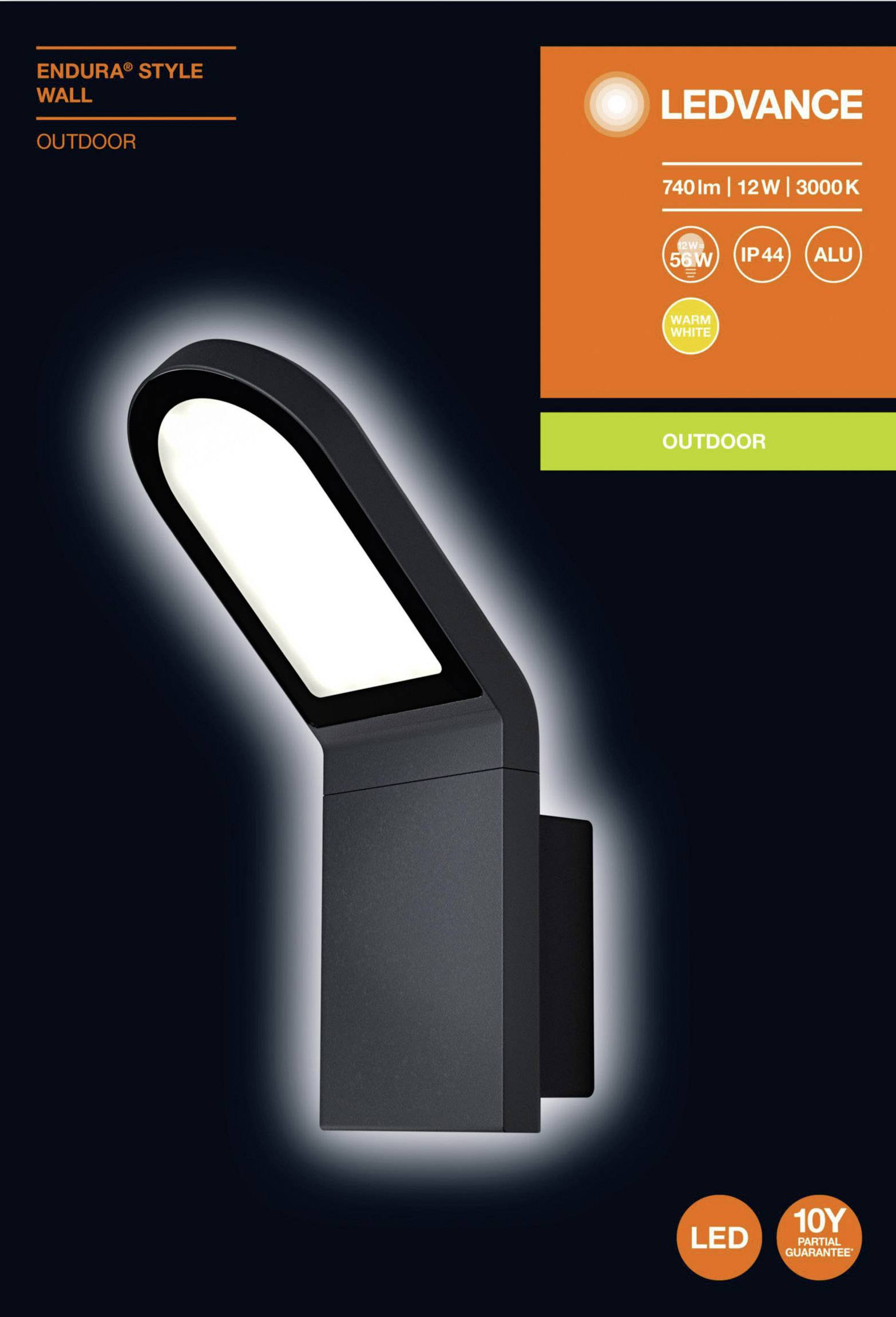 Eine LED-Außenwandleuchte von Ledvance, Modell "Endura Style Wall", 740 lm, 12W, 3000K, IP44, aus Aluminium, ideal für den Außenbereich.