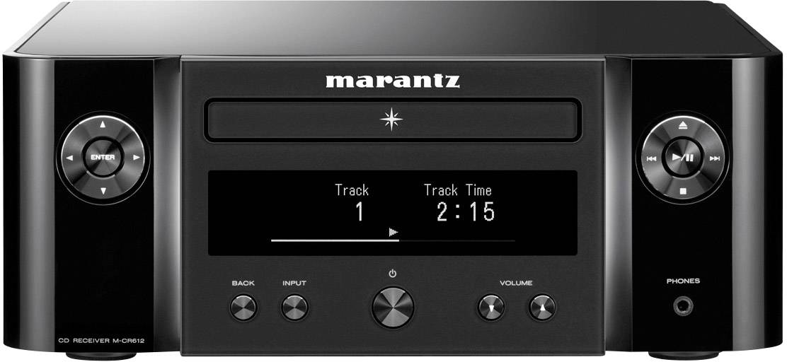 Schwarzer Marantz CD-Player mit digitalem Display zeigt 'Track 1, 2:15'. Steuerknöpfe für Eingabe, Lautstärke und Zurück.