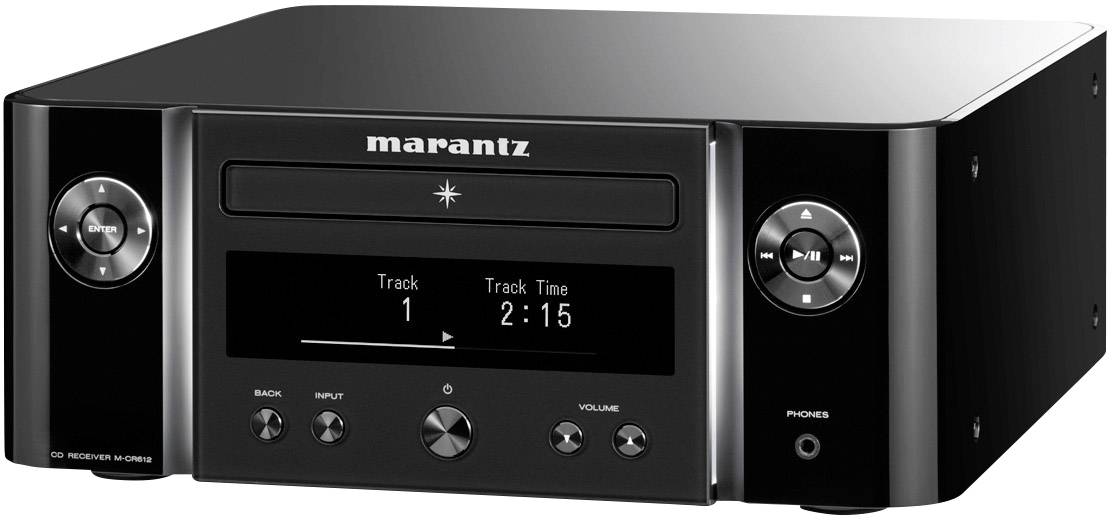 Ein schwarzer Marantz CD-Player in rechteckiger Form mit zentralem CD-Einschub, Display und Bedienknöpfen für Lautstärke und Navigation.