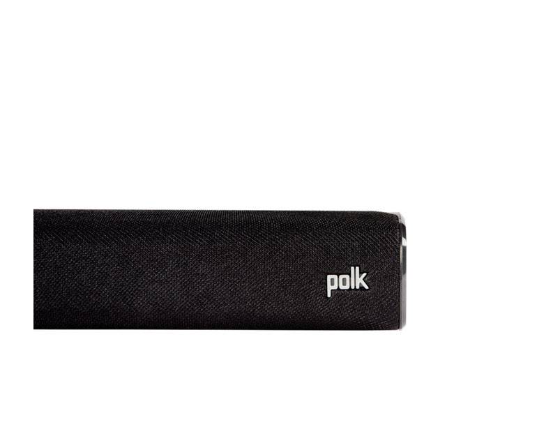 Schwarze Soundbar mit dem Logo 'polk' auf der rechten Seite.