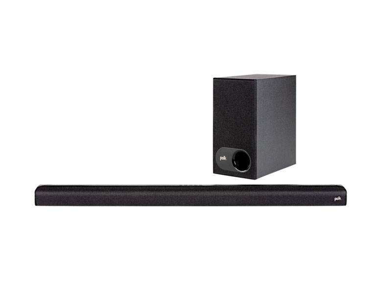 Schwarze Soundbar mit passendem Subwoofer, bietet verbesserten Klang für Fernseher oder Heimkinoanlagen.