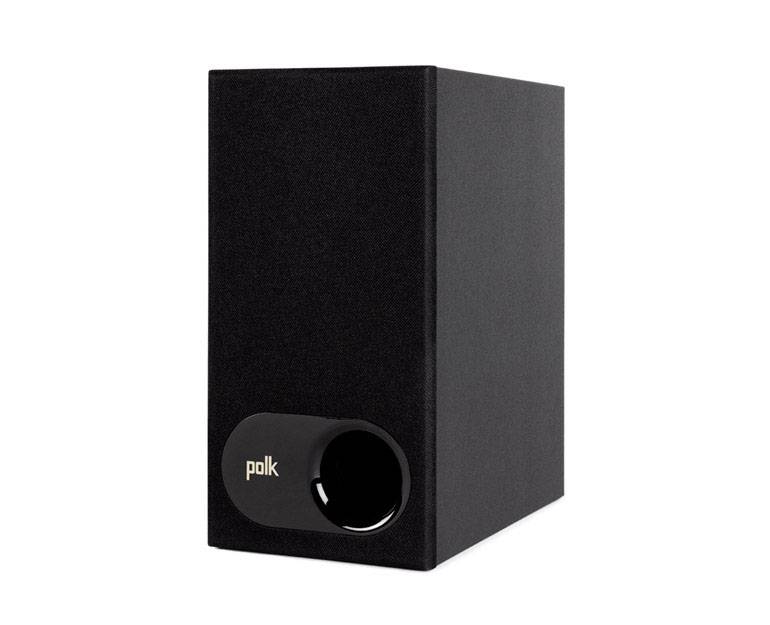 Schwarzer Lautsprecher in rechteckiger Form mit Polk-Logo auf der Vorderseite.