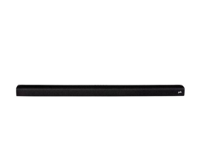 Eine schwarze Soundbar mit schlichtem Design, horizontal ausgerichtet.