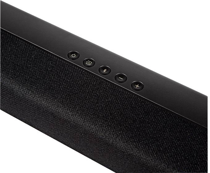 Schwarzer Lautsprecher mit fünf Tasten oben: Ein-/Ausschalten, Bluetooth, Leiser, Lauter, Wiedergabe/Pause.