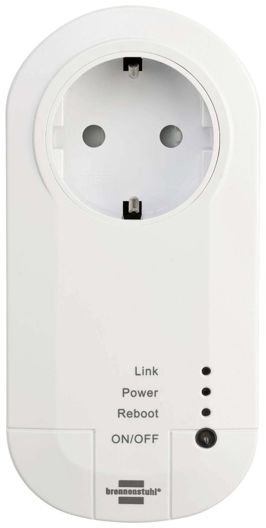 Weiße Steckdose mit Aufschrift 'Link', 'Power', 'Reboot', 'ON/OFF', jeweils mit LED-Anzeige daneben. Die Marke ist unten abgebildet.