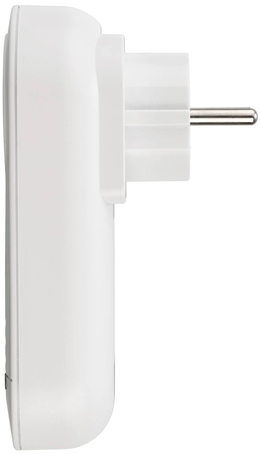 Weiße Steckdosenleiste von der Seite gesehen, mit einem Schuko-Stecker. Sie ist schlank und minimalistisch gestaltet.