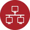 Weißes Netzwerkdiagramm-Symbol zeigt einen oben angebrachten Computer, der mit zwei unteren Computern auf rotem Kreishintergrund verbunden ist.