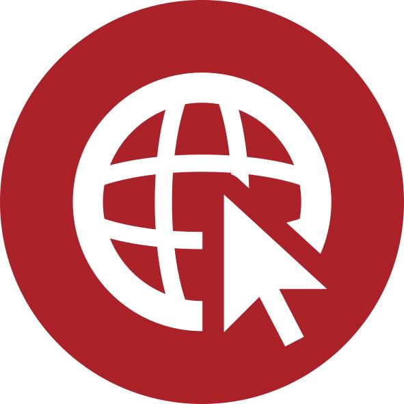 Rotes kreisförmiges Symbol mit weißem Globus und Cursor-Pfeil, das auf Internet- oder Webzugriff hinweist.