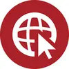 Rotes kreisförmiges Symbol mit weißem Globus und Cursor-Pfeil, das auf Internet- oder Webzugriff hinweist.