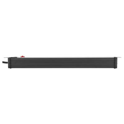 Langes schwarzes rechteckiges elektronisches Gerät mit horizontalen Rippen, einem roten oberen Schalter und Kabeln, die sich von beiden Enden erstrecken.