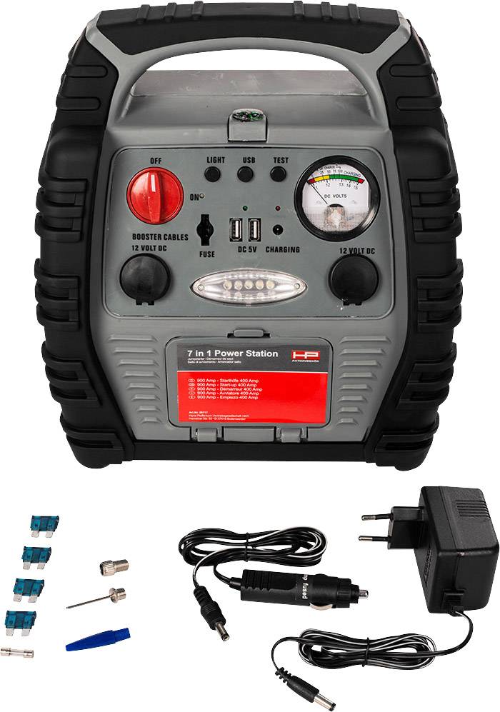 Tragbare Powerstation mit Anzeige, Schaltern und verschiedenen Anschlüssen. Zubehör umfasst Ladekabel und Sicherungen. Ideal für Notfälle.