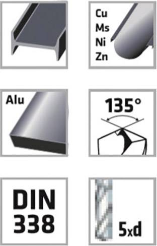Sechs Symbole: Metallkonstruktion, Legierungsmetalle Cu/Ms/Ni/Zn, Aluminium, 135° Winkel, DIN 338 Norm, spiralförmige Bohrlänge 5xd.