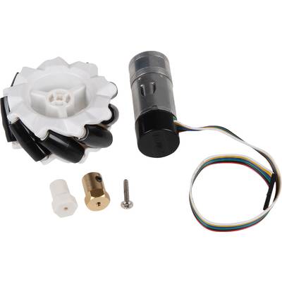 Kleiner Elektromotor mit Kabel, Kunststoffrad mit schwarzen Rollen, und Metall- sowie Kunststoffteilen. Teile für mechanische Bauprojekte.