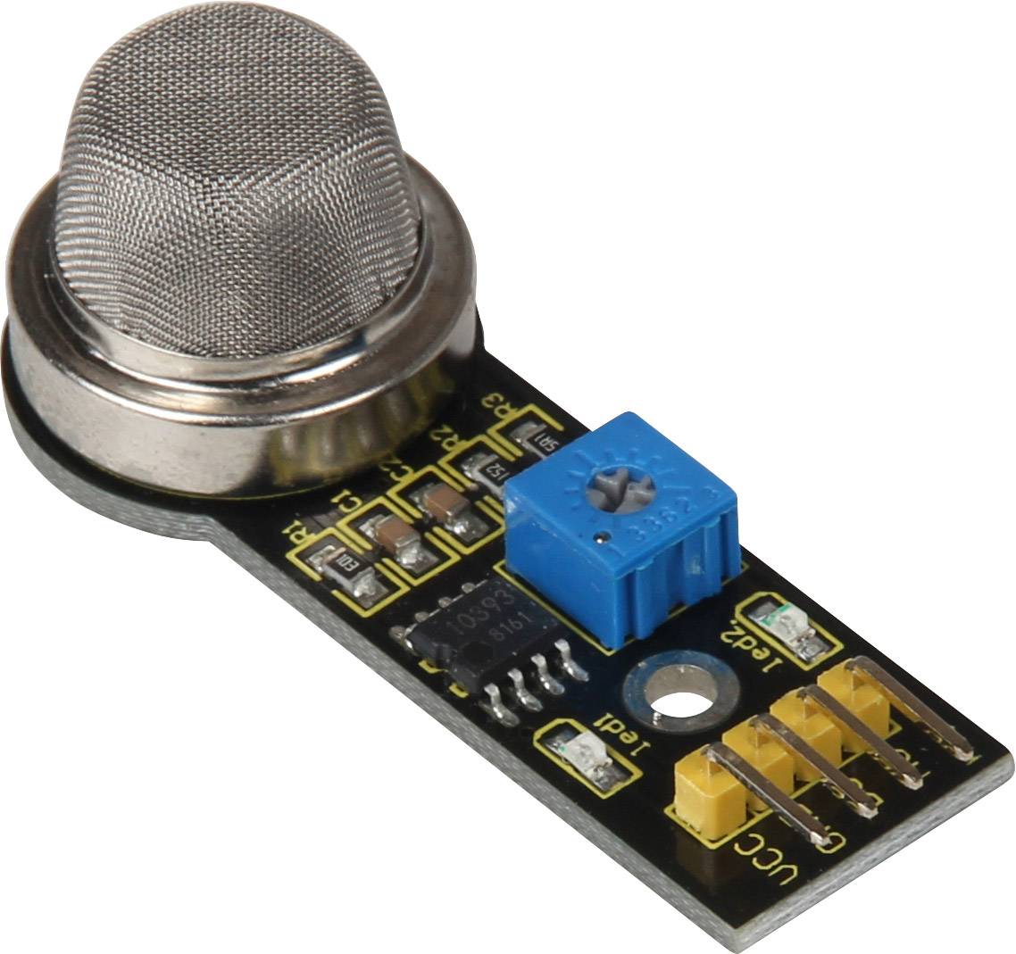 Ein elektronischer Sensor mit Metallgitter an der Spitze, umgeben von elektronischen Bauteilen, auf einer kleinen Schaltung.