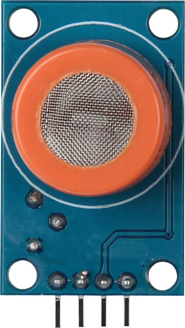 Ein Gas- oder Rauchsensor-Modul mit orangefarbener Rundkomponente und Metallgitter, montiert auf einer blauen Platine mit vier Pins.