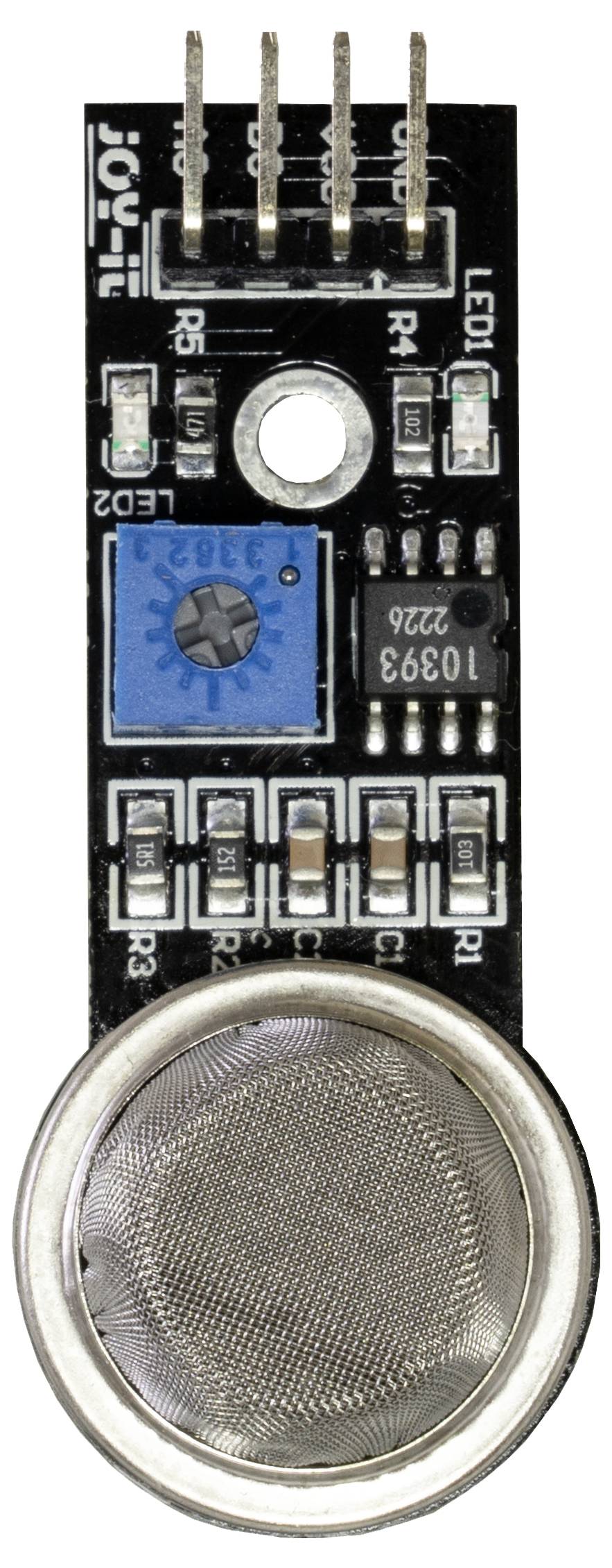 "MQ-2 Gassensor-Modul" mit einem metallischen Sensor und elektronischen Komponenten für Rauch- und Gasdetektionsanwendungen.