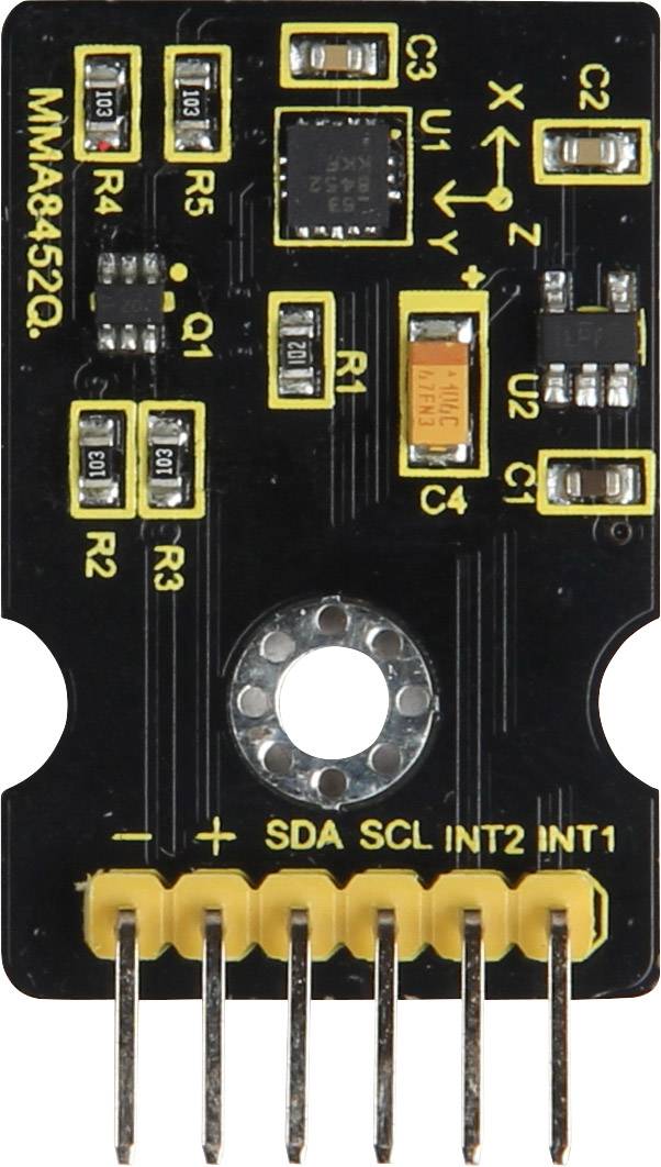 Elektronisches Modul mit der Beschriftung 'MMA8452Q', zeigt elektronische Bauteile und Anschlüsse für SDA, SCL, INT2, INT1.
