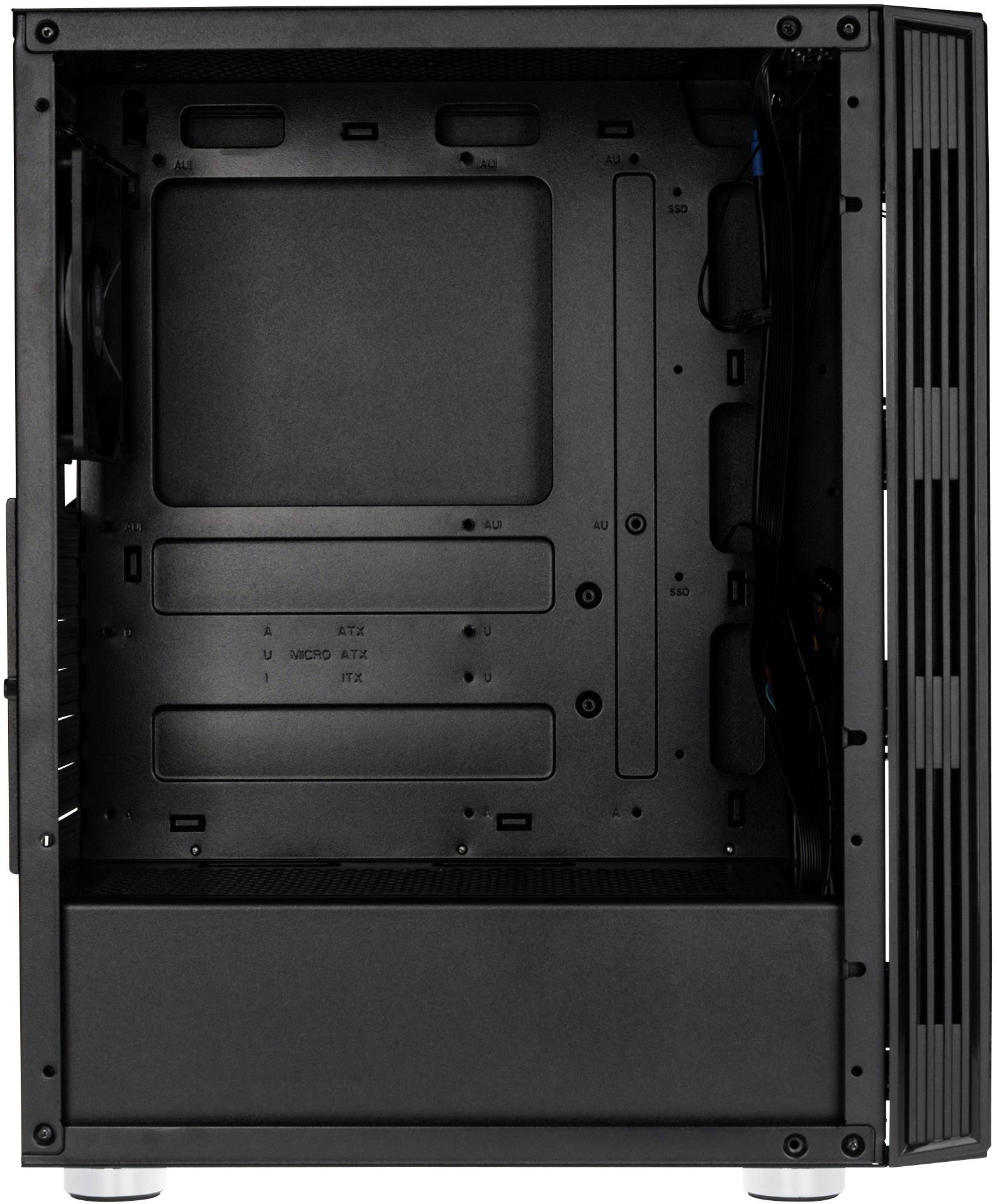 Ein offenes Computergehäuse zeigt das Innere mit Halterungen für Hauptplatine, Laufwerke und Lüftungsschlitze. Keine Komponenten installiert.