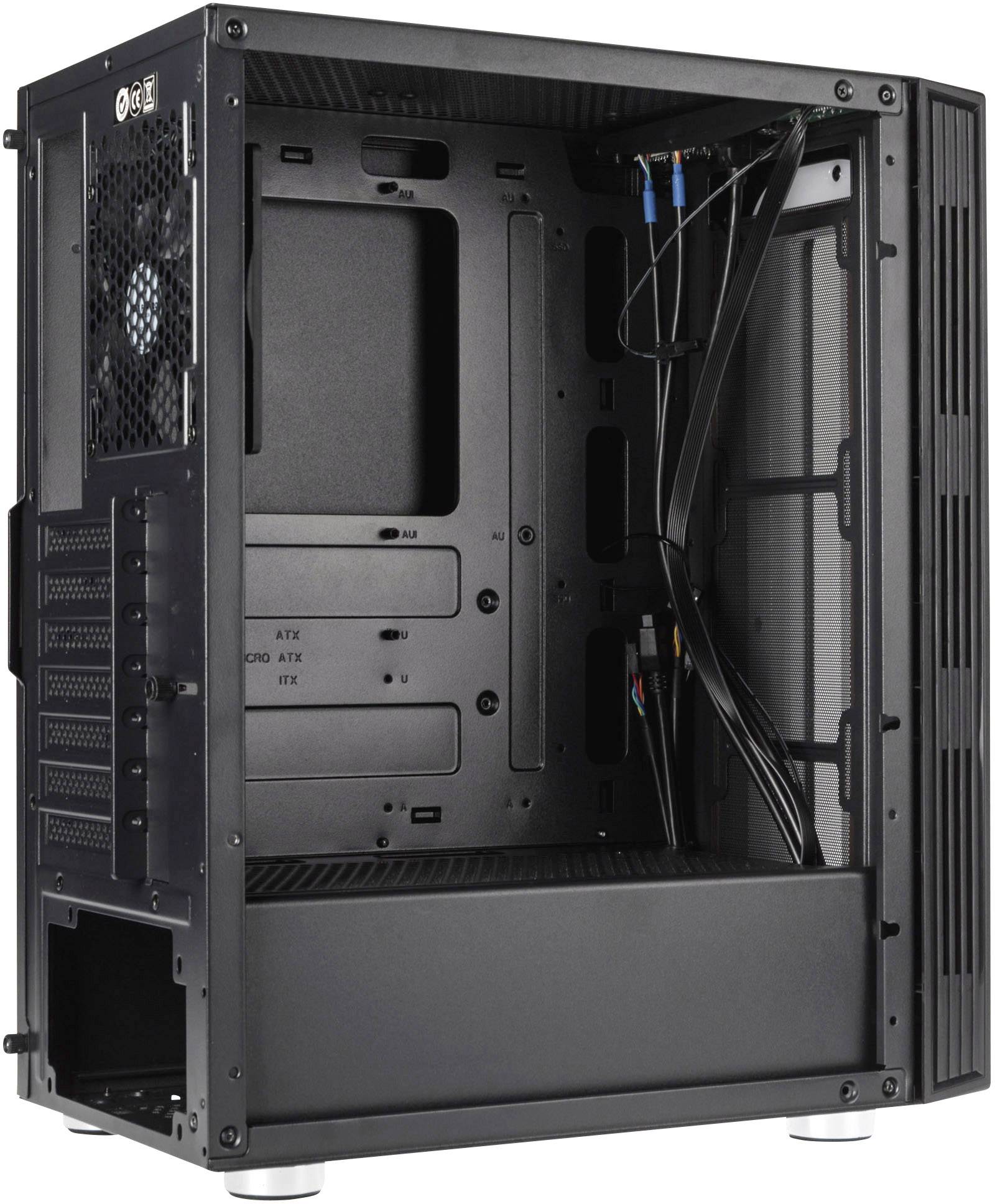 Ein offenes Computergehäuse mit sichtbarer Hauptplatine, internen Kabeln und Lüftungsschlitzen, bereit für den Einbau von Baukomponenten.