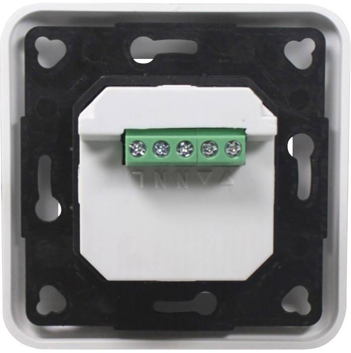 Ein quadratischer Lichtschalter ohne Abdeckung, zeigt fünf Schraubklemmen für elektrische Kabelverbindungen.