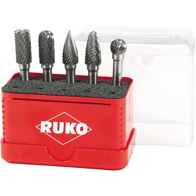 'Ein rot verpacktes Fräser-Set von Ruko mit fünf unterschiedlich geformten rotierenden Fräsern aus Metall, geeignet für Präzisionsarbeiten.'