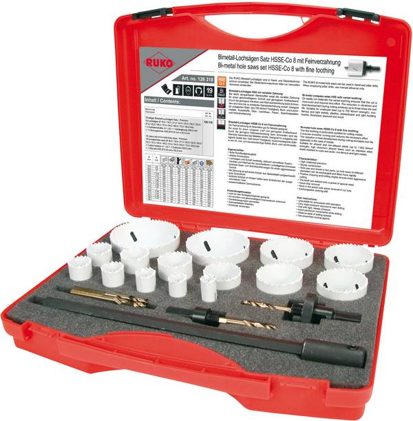 RUKO 126318 Lochsägen-Set 21teilig 16 mm, 19 mm, 21 mm, 24 mm, 25 mm, 29 mm, 32 mm, 37 mm, 40 mm, 48 mm, 51 mm, 54 mm, 60 mm, 73 mm, 83 mm Cobalt 1 St.