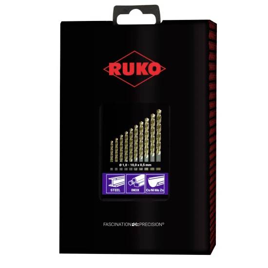 Eine schwarze Ruko Bohrersatz-Box mit rotem Logo und Beschriftungen für Stahl, Inox und andere Materialien. Der Satz umfasst Größen von 0,1 - 10,0 mm.