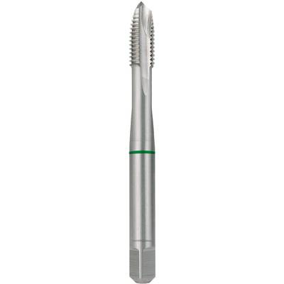 Ein silberfarbener Gewindebohrer mit spiralförmigen Schneidkanten und geriffeltem Oberteil, verwendet zur Erstellung von Gewinden in Metall.