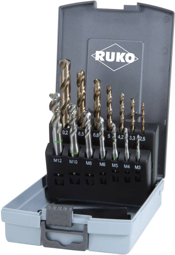 RUKO 245052RO Maschinengewindebohrer-Set 14teilig metrisch M3, M4, M5, M8, M10, M12 Rechtsschneidend DIN 371, DIN 376 HSSE-Co 5 Form B 1 Set