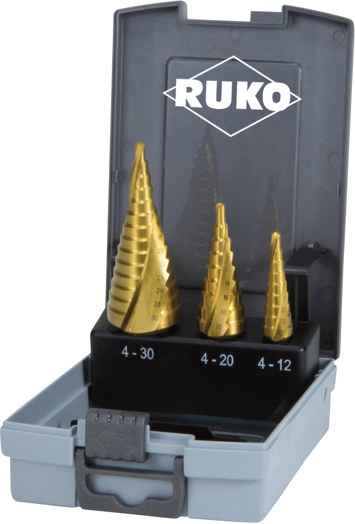 RUKO Mehrstufenbohrersatz D.4-12/4-20/4-30mm HSS-TiN Spiralnut 3tlg.Ku.-Kassette RUKO (101026TRO)