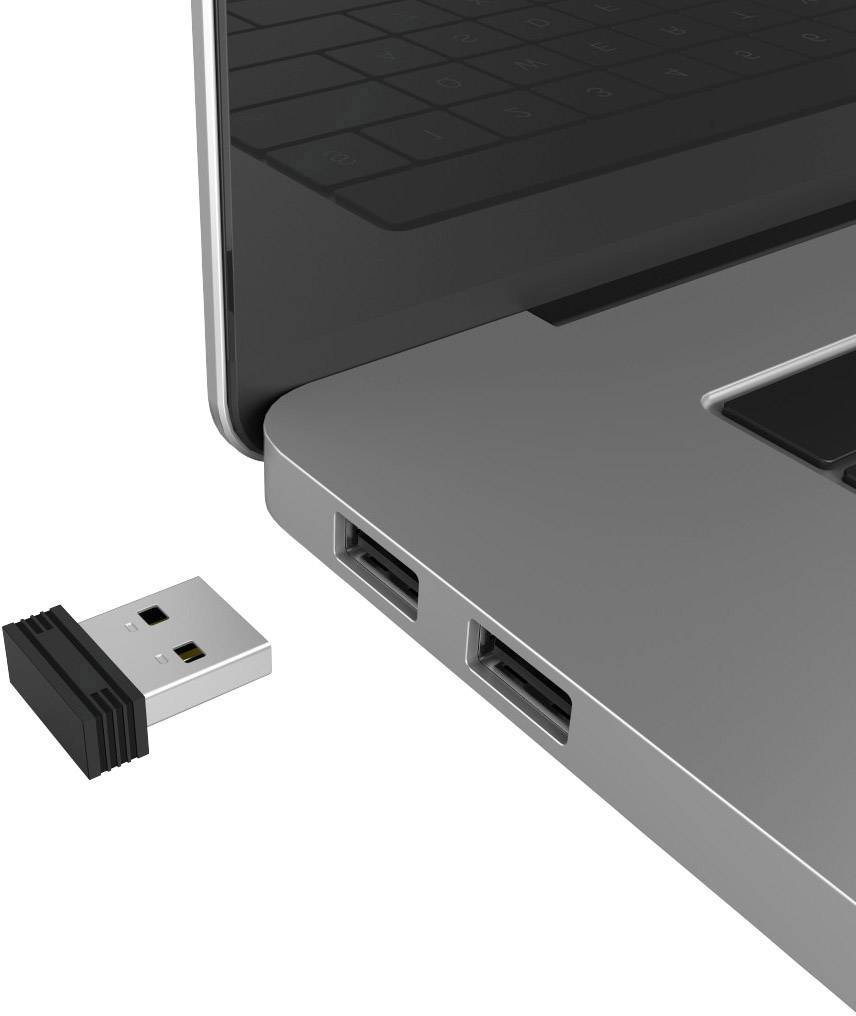 Ein Laptop mit zwei USB-Anschlüssen, daneben liegt ein USB-Stecker bereit zum Einstecken.