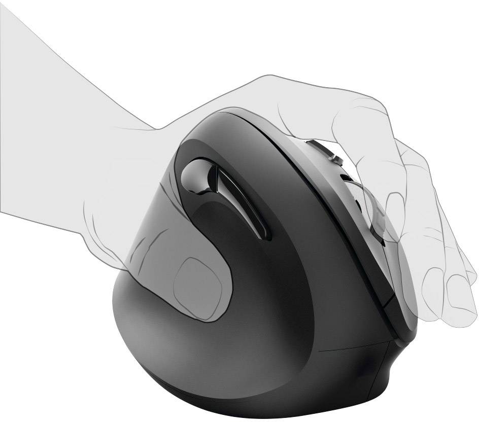 Ergonomische vertikale Maus, die von einer Hand gehalten wird. Die Haltung zeigt, wie die Maus für eine bessere Handgelenkposition genutzt wird.