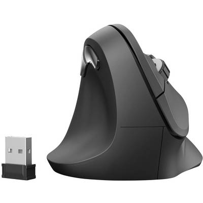 Vertikale ergonomische Maus mit einem USB-Dongle daneben, designed für komfortables Arbeiten und zur Reduzierung von Handgelenksbelastung.