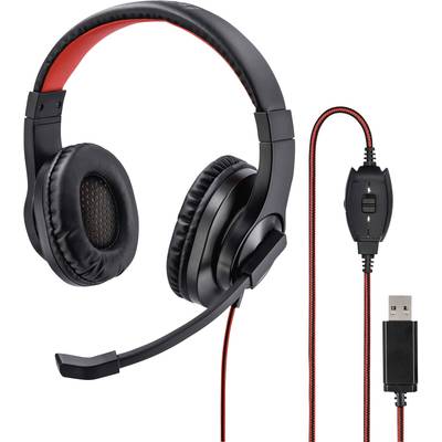 Hama HS-USB400 Computer  Over Ear Headset kabelgebunden Stereo Schwarz, Rot  Lautstärkeregelung, Mikrofon-Stummschaltung